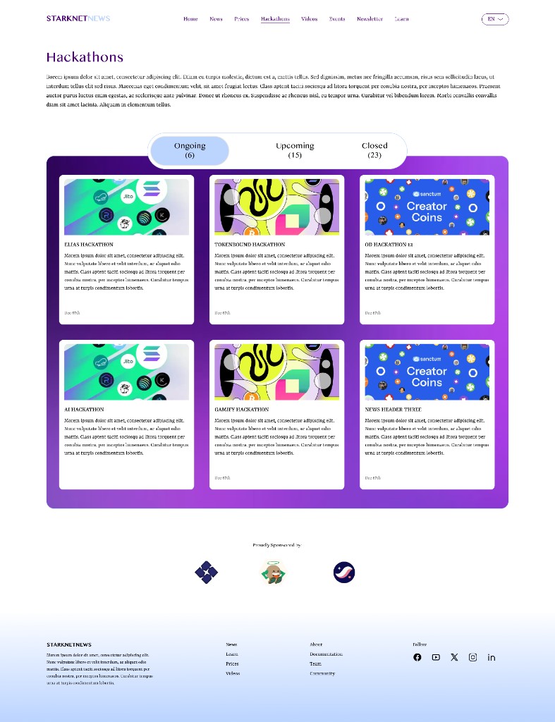 StarknetNews desktop hackathons page