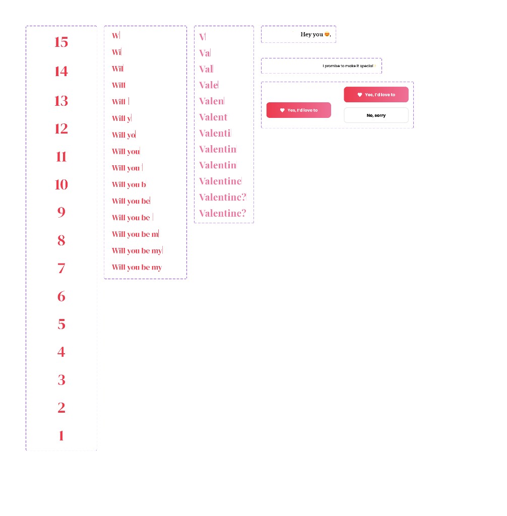 Typewriter animation frames, countdown numbers, and button states